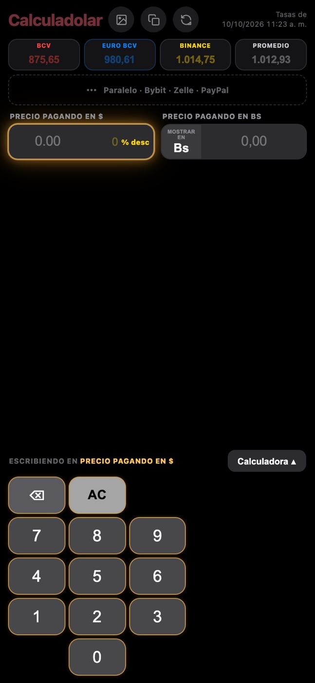Calculadolar: tasas BCV, euro BCV y Binance con teclado propio